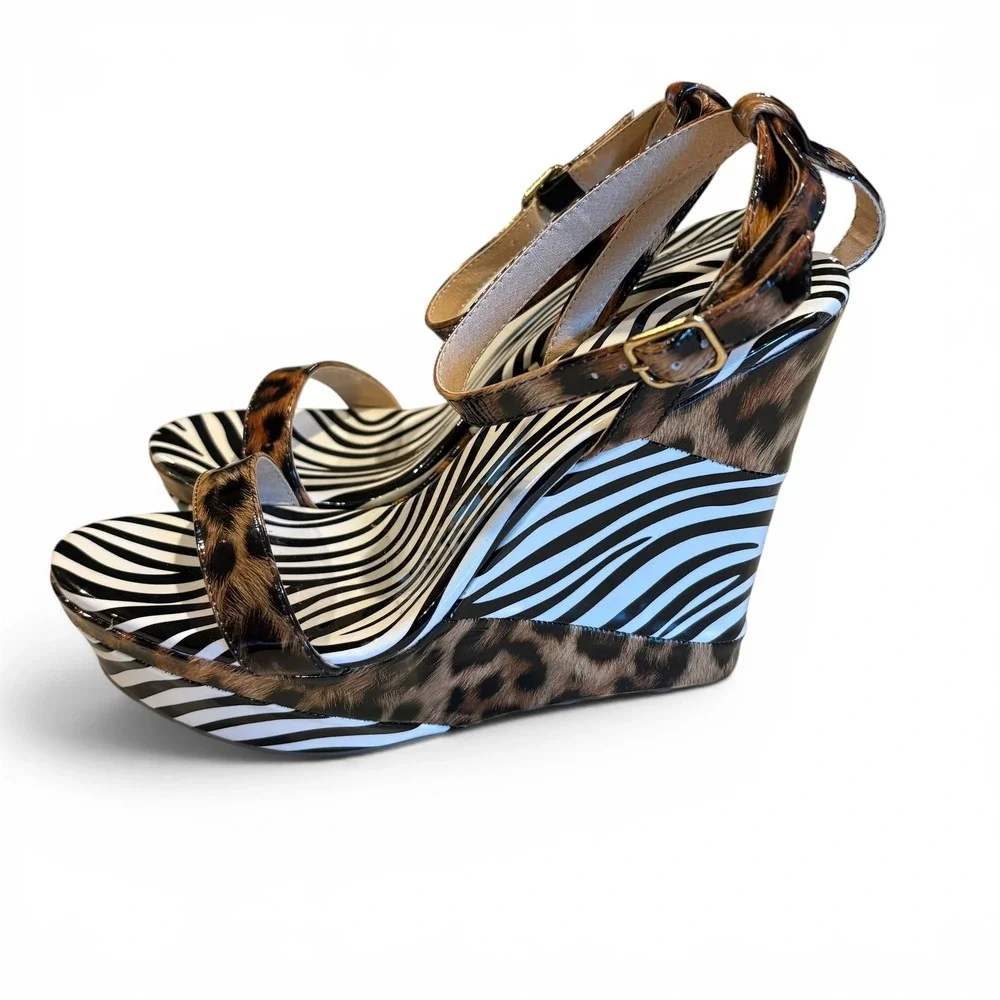 Azalea Wang Womens Leopard Zebra Print Platform Wedge Sandals Mixed Animal 8.5